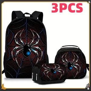 of 3 Backpacks Featuring a Spider Design, Suitable for All Genders. Made from, This Spacious Backpack Comes with a Square Pencil Case, Adjustable Shoulder Straps, And a Double Zipper in a Fun Animal Style, For Teenager
