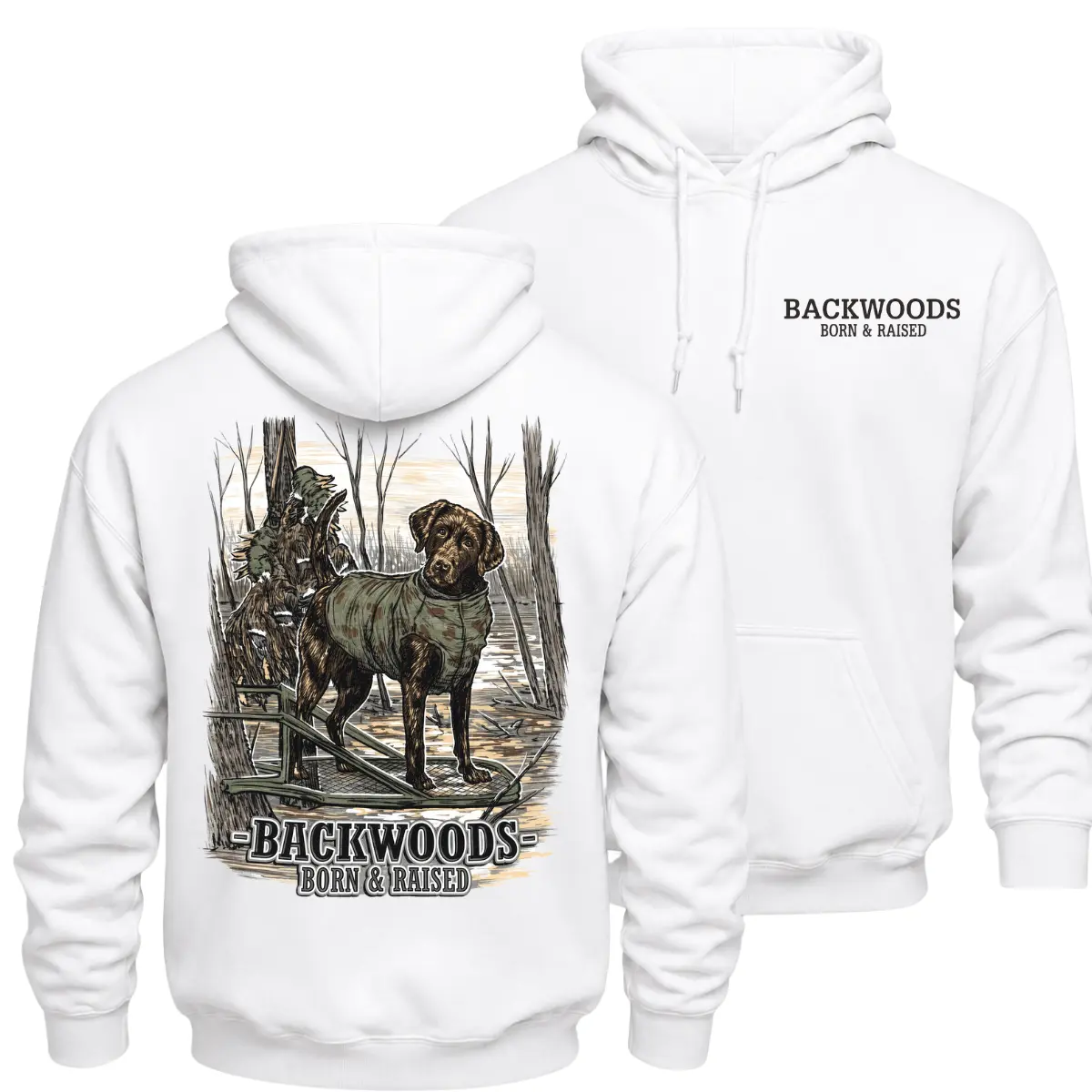Backwoods Born and Raised Hunting Dog Hoodie, Chocolate Labrador Retriever Outdoor Graphic Pullover, Front Chest Logo and Large Back Print Hunter Apparel, Rustic Backwoods Hunting Gift for Men and Women