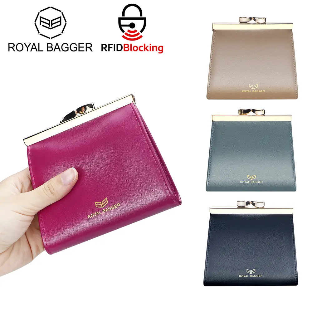 Royal Bagger Women's Genuine Cow Leather Short Wallet - Kiss Lock, RFID Protection, Vintage Style, Casual Trendy, Elegant Minimalist, Credit Card Holder, Leather Card Holder, Coin Purse 3242, Casual Trendy Wallet, Credit Cards Holder