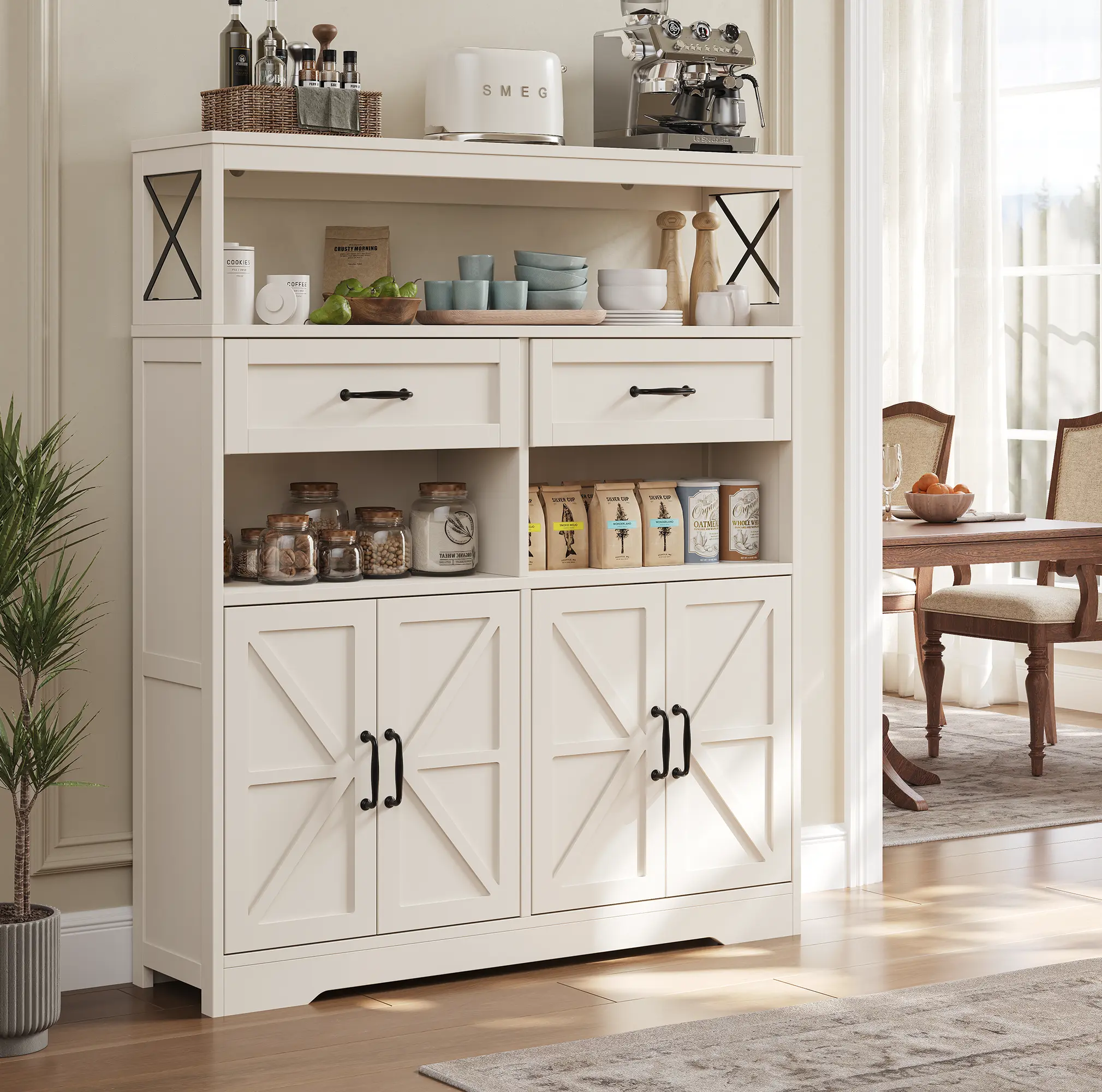 Farmhouse Buffet Cabinet Large Kitchen Storage with Barn Doors 2 Adjustable Shelves Coffee Bar Sideboard TV Stand Easy Assembly Classic Black White Finish