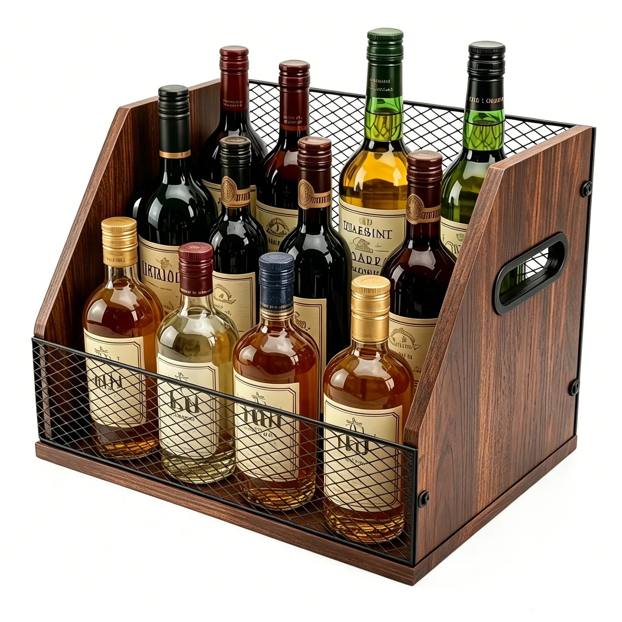 Single Layer Wood Metal Liquor Bottle Display Rack - Durable Load-Bearing Open Grid Countertop Storage Organization, Retro Home Bar Organizer with Side Handles, Quick Set Up Multi-Use Holder (Assembly Required) for Kitchen Whiskey Spirits