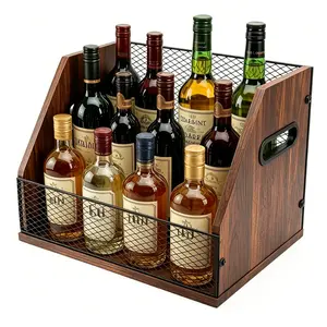 Durable Wooden Liquor Bottle Display Rack - Single-Tier Countertop Wine Storage Rack, Home Organizer for Whiskey, Spirits, Coffee Syrup; Multi-Use Storage for Spices, Vinyl Records, Files; Retro Mini Bar Stand