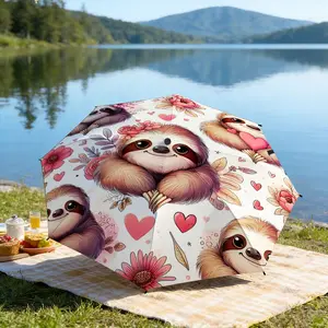 Portable folding umbrella The umbrella features sloths holding hearts, surrounded by pink flowers and various hearts. Suitable for daily travel use, holiday Gift