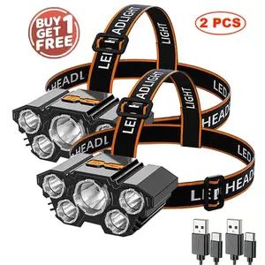 Work Headlamp 2 Pack, 18000 Lumen 5-LED Rechargeable Head Light, USB Charging Waterproof Hard Hat Compatible, 4 Modes Adjustable Forehead Flashlight for Mechanic, Construction, Auto Repair, Hands-Free Job Site Light