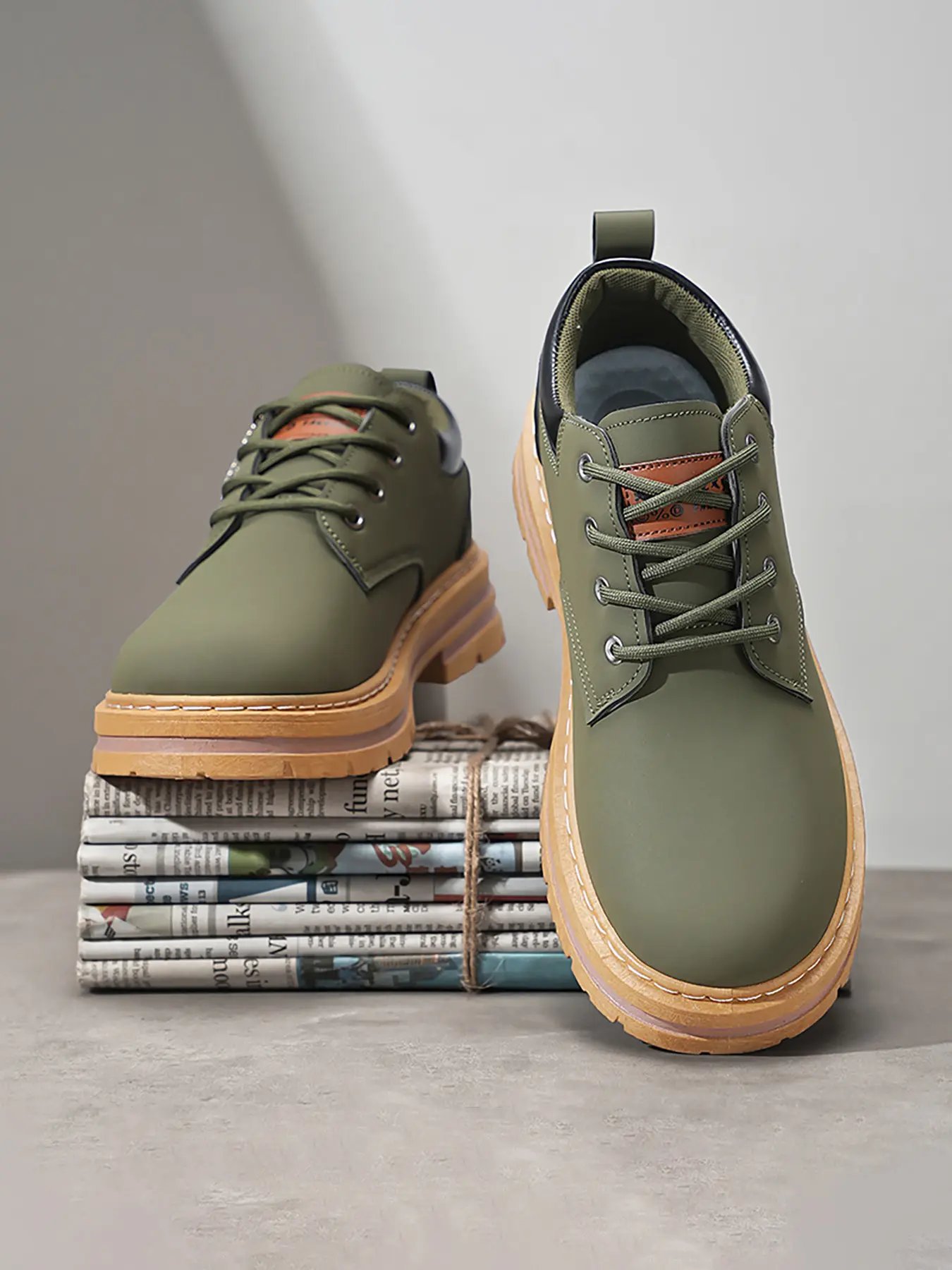 Men's Low Top Lace-Up Shoes, Walking Shoes, Go Walk Shoes, Mustard Faux Leather, PVC Sole, Cushioned Lining, All-Season Casual & Formal Wear, Comfortable Daily Use, Trendy Walking Shoes, Versatile Walking Shoes