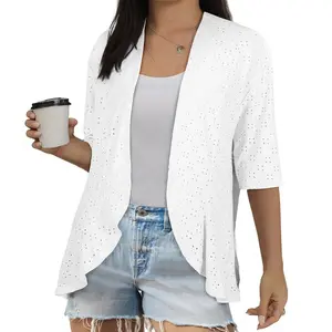 Plus Size Women's Half Sleeve Netted Knit Ruffle Kimono Cardigan Cover Up Tops 2026 Spring Clothes (1X-5X)