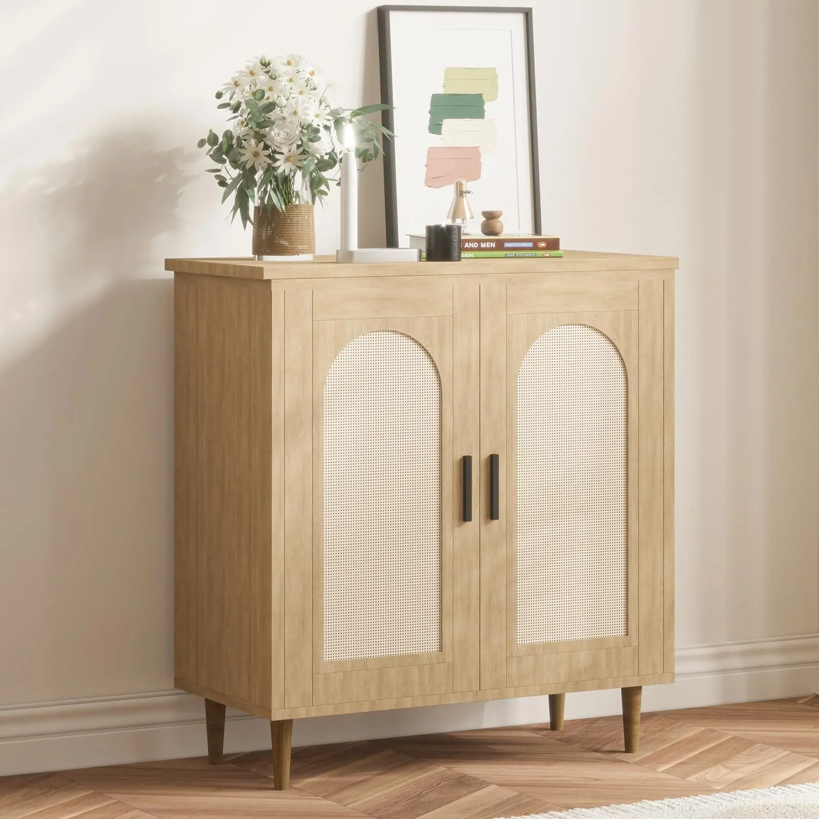 Multifunctional Rattan Entryway Storage Cabinet - Single Unit, Natural Weave, Adjustable Shelves, Easy Assembly, Sturdy Wood Legs, Ample Space, Charging Hub with 2 AC Outlets, Modern Compact Accent Console for Hallway, Dining Room