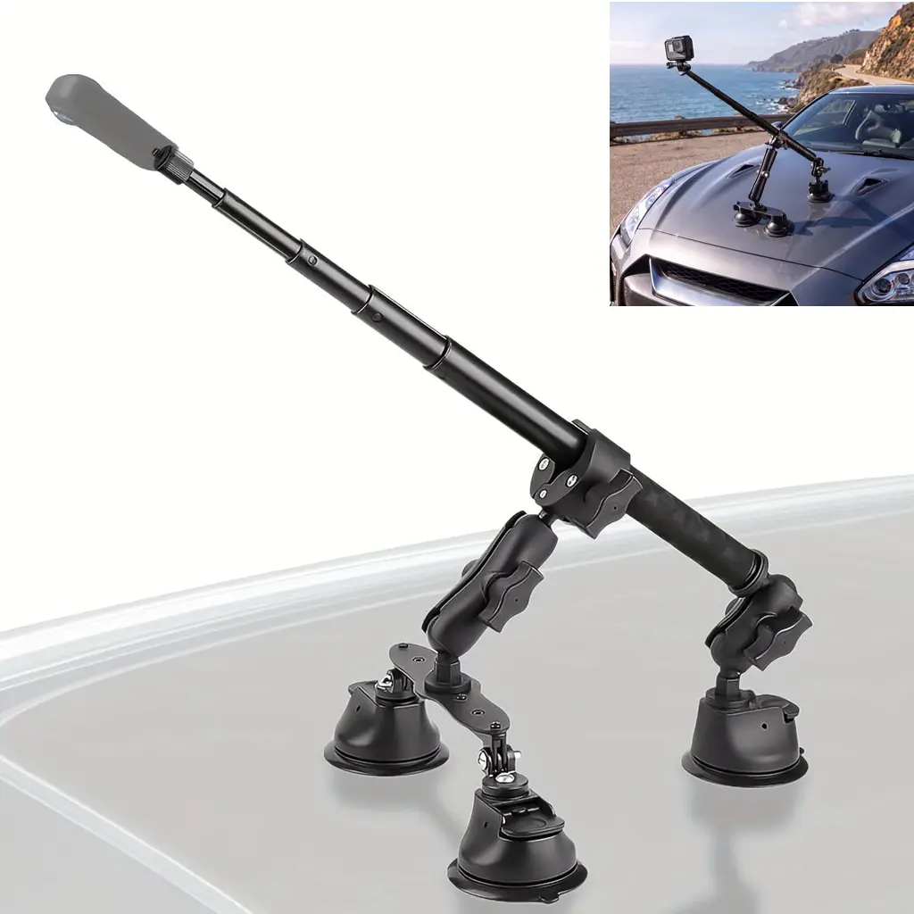 Car mount compatible with Insta360 X5/X4/X3, dual suction cup set with telescopic rod, suitable for action cameras, ideal for panoramic shooting and drone perspectives, mounts onto windows or windshields.