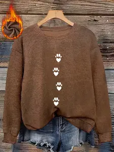 Autumn Winter Women's Round Neck Fleece Knit Top, Soft Skin-Friendly Fabric, Cute Heart Paw Print, Long Sleeve Casual Layering, Knitwear