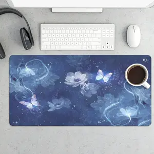 Extra Large Gaming Mouse Pad with Floral Design and Butterfly Motif for Enhanced Precision Comfort in Blue Theme Ideal for Competitive and Casual Gaming