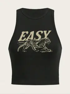 Easy Tiger Printed Tank Top - Black Y2K Spicy Girl Short Sleeveless crop top, suitable for summer street style, music festival dressing&retro decadent niche trendy cool style # Tiger Printed Top # Millennium Trend