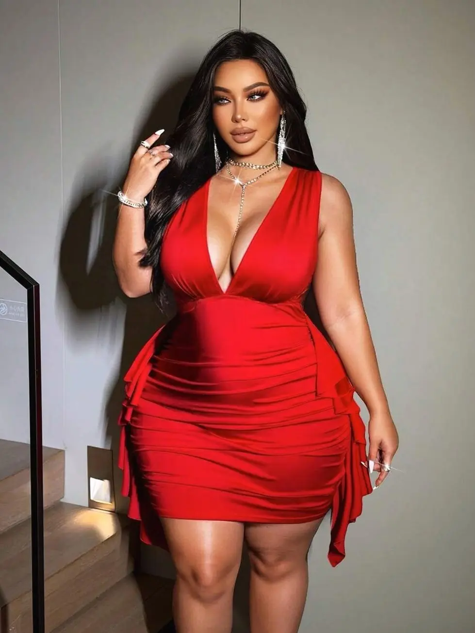 Plus Size Deep V-Neck Sleeveless Ruffle Hem Dress, Sexy Summer Party Bodycon Outfit