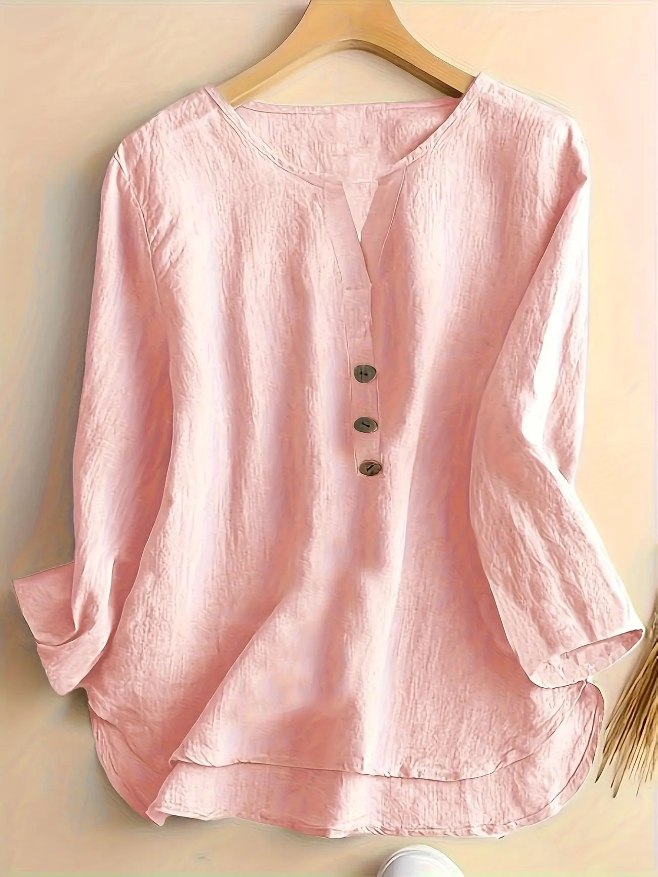 Women's Elegant Linen Blend V-Neck 3-Quarter Sleeve Button Blouse - Minimalist, Classical, Contemporary, Cold Wash Womenswear Casual Everyday All-Season Top, Classical Linen Blouses & Shirts