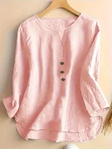 Women's Elegant Linen Blend V-Neck 3-Quarter Sleeve Button Blouse - Minimalist, Classical, Contemporary, Cold Wash Womenswear Casual Everyday All-Season Top, Classical Linen Blouses & Shirts