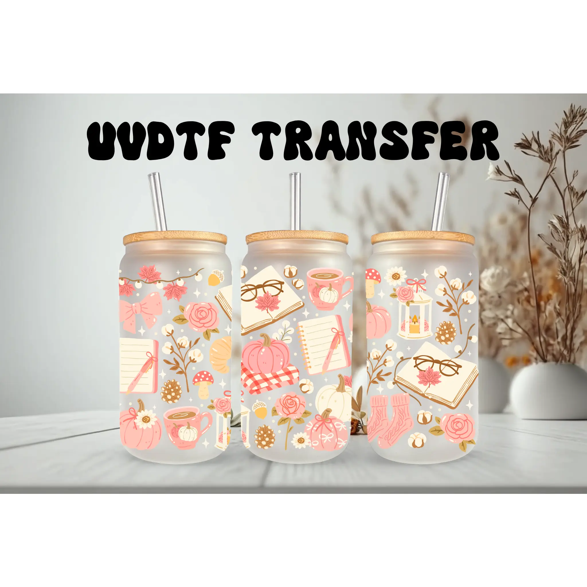 Cozy Pink Bookish Autumn UV DTF Glass Can Wrap (16oz)