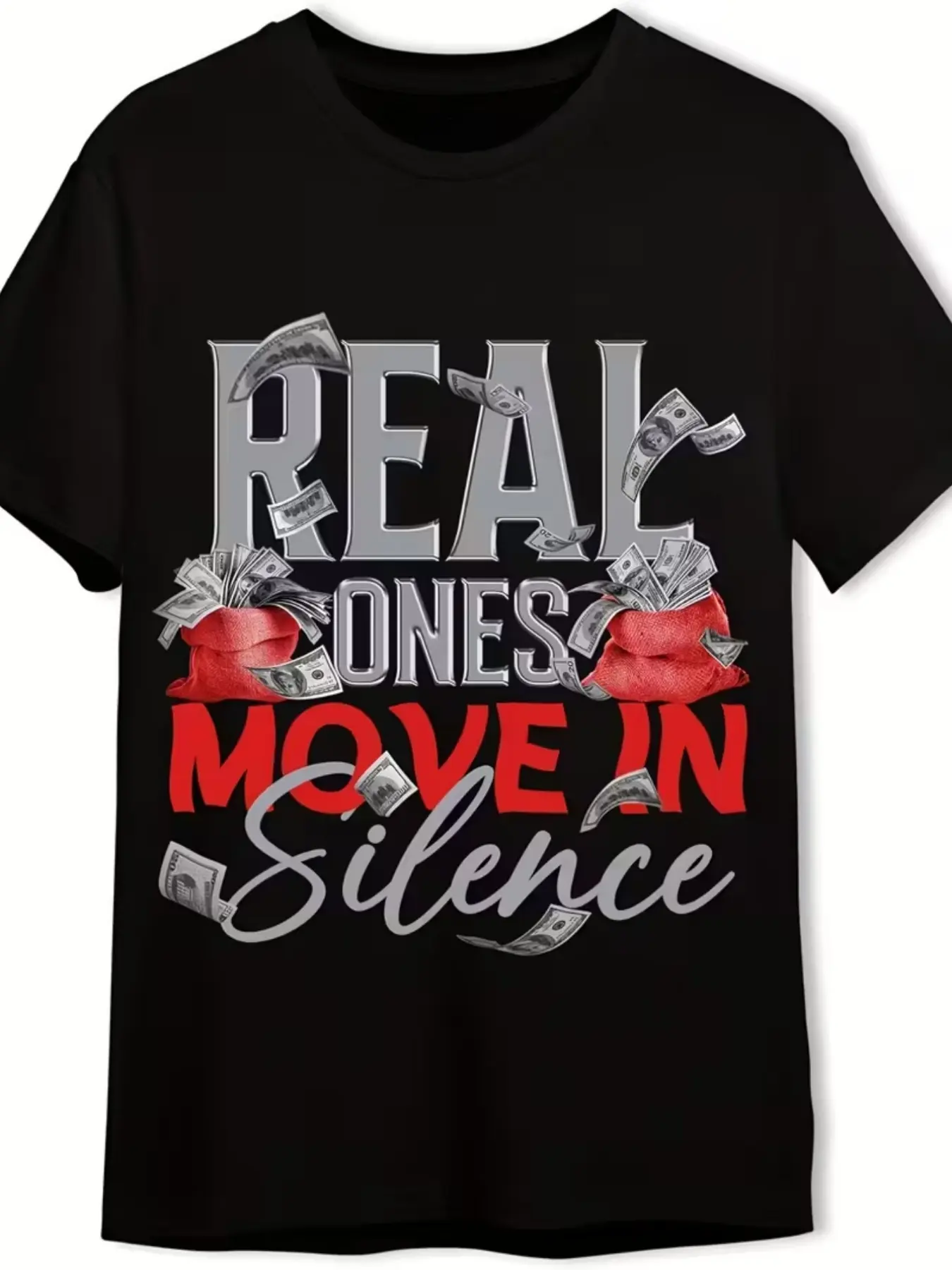 Men’s 2026 Summer Stylish Streetwear Short-Sleeve T-Shirt - Bold "Move In Silence" Graphic, Metallic Fabric, Relaxed Fit Crew Neck Tee, Black Menswear Top, Shortsleeve, Tshirt, Round Neck
