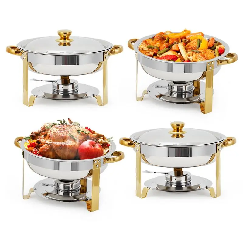 Sturdy 4-Piece 5QT Round Stainless Steel Chafing Dish Buffet Set - Catering Tray, Stackable Handled Pans, Buffet Warmer, Fuel Holder for Party, Wedding