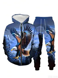 Personalized Fashion Travel Eagle Pattern Men's Spring and Autumn Leisure Sweatshirt Set Zippered Long Sleeve Comfortable Sports Travel Clothing 100% Polyester Slim Fit Hooded Sportswear