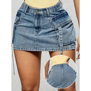Plain Washed Blue Flap Pocket Strap Decor Mini Cargo Denim Skirt, Women's Denim Jeans & Clothing