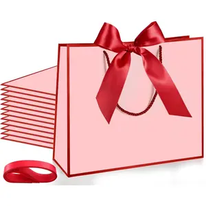 12 Pcs Thank You Gift Bags with Handle 12x10x4'' Welcome Return Gifts Bag with Bow Ribbon for Wedding Bridesmaid Baby Shower Birthday Housewarming History Month (Pink,Red)