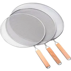 3 Pieces Stainless Steel Grease Splatter Screen Set for Frying Pan, Mesh Splatter Guard with Wood Handle, 3 Sizes 9.44",10.8",12.5" for Kitchen Cooking