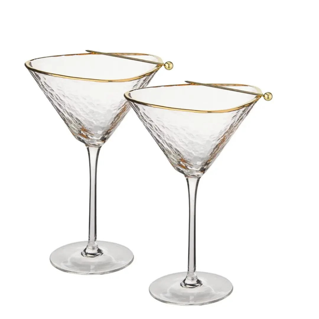 Handmade Hammered Martini Glasses set of 2, includes Cocktail Picks
