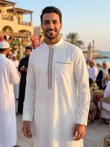 Islamic Traditional Men's Stand Collar Geometric Embroidered Robe, Classic Daily Wear, Eid Al-Adha Festival Gift