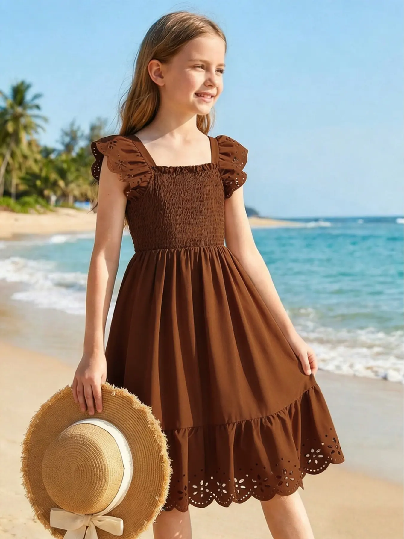 Tween Girls Plain Ruched Floral Hem Casual Dress, Stylish and Comfortable, Perfect for Everyday Wear, Trendy and Fashionable Design