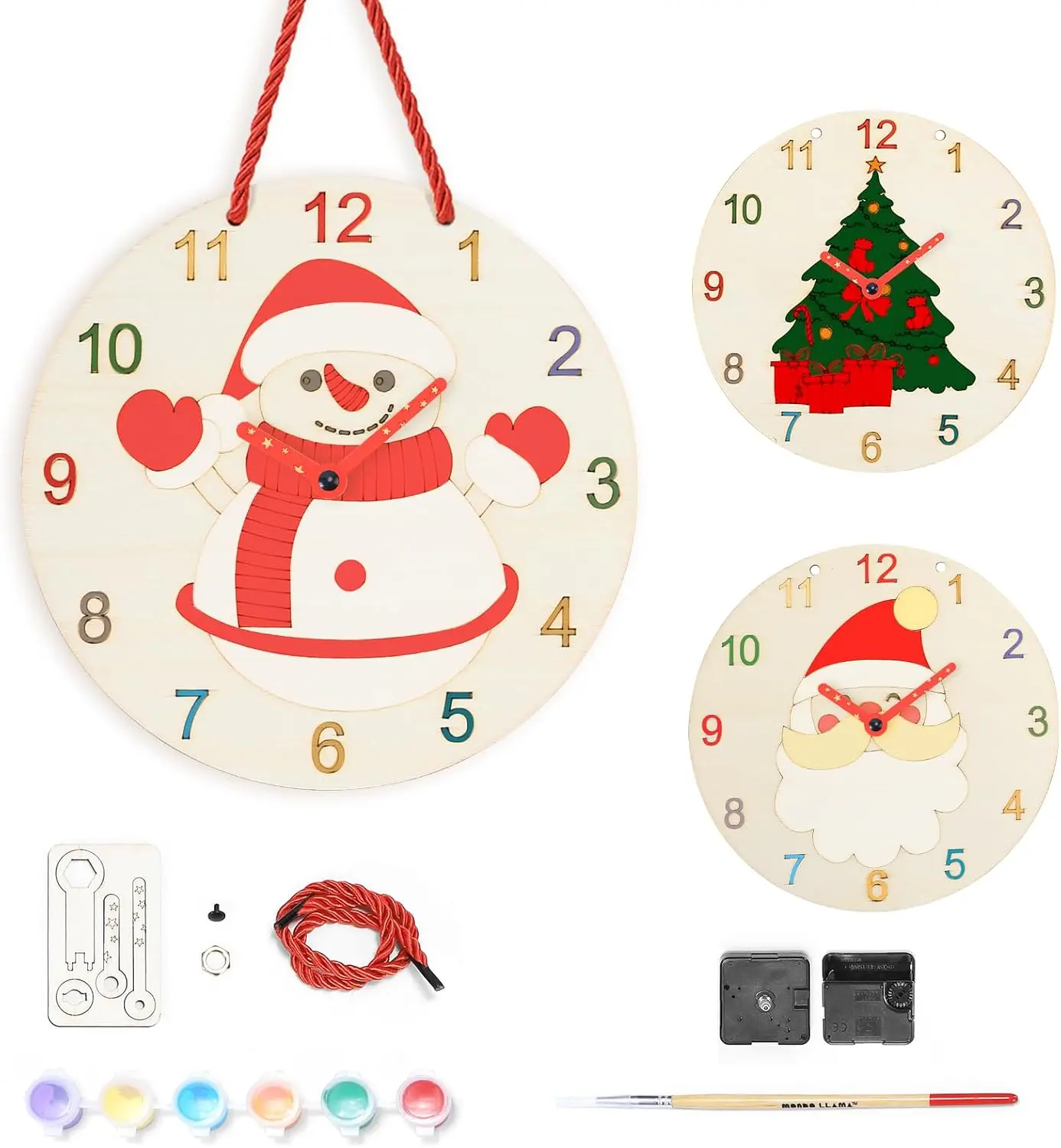 DIY Round Hand-Painted Wooden Wall Clock - Customizable with Paint Set & Brushes, Cartoon Rustic Kid Room Decor, Alarm Clock with Date Function, No Assembly Required, Christmas/Birthday Gift for Daily Time-Tracking Personalized Space