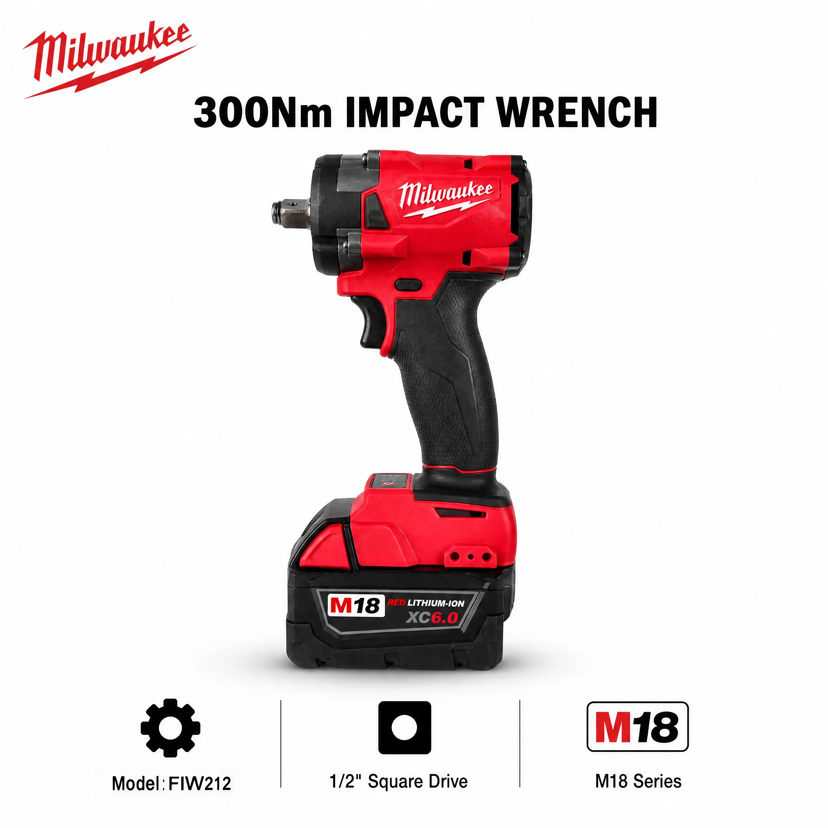 Milwaukee M18 FIW212 1/2 Inch Impact Wrench Power Tool for Automotive Repair Workshop Maintenance Machinery Service Vehicle Assembly Wheel Bolt Removal Industrial Construction Applications With Adjustable Operation Control And Socket Retention System