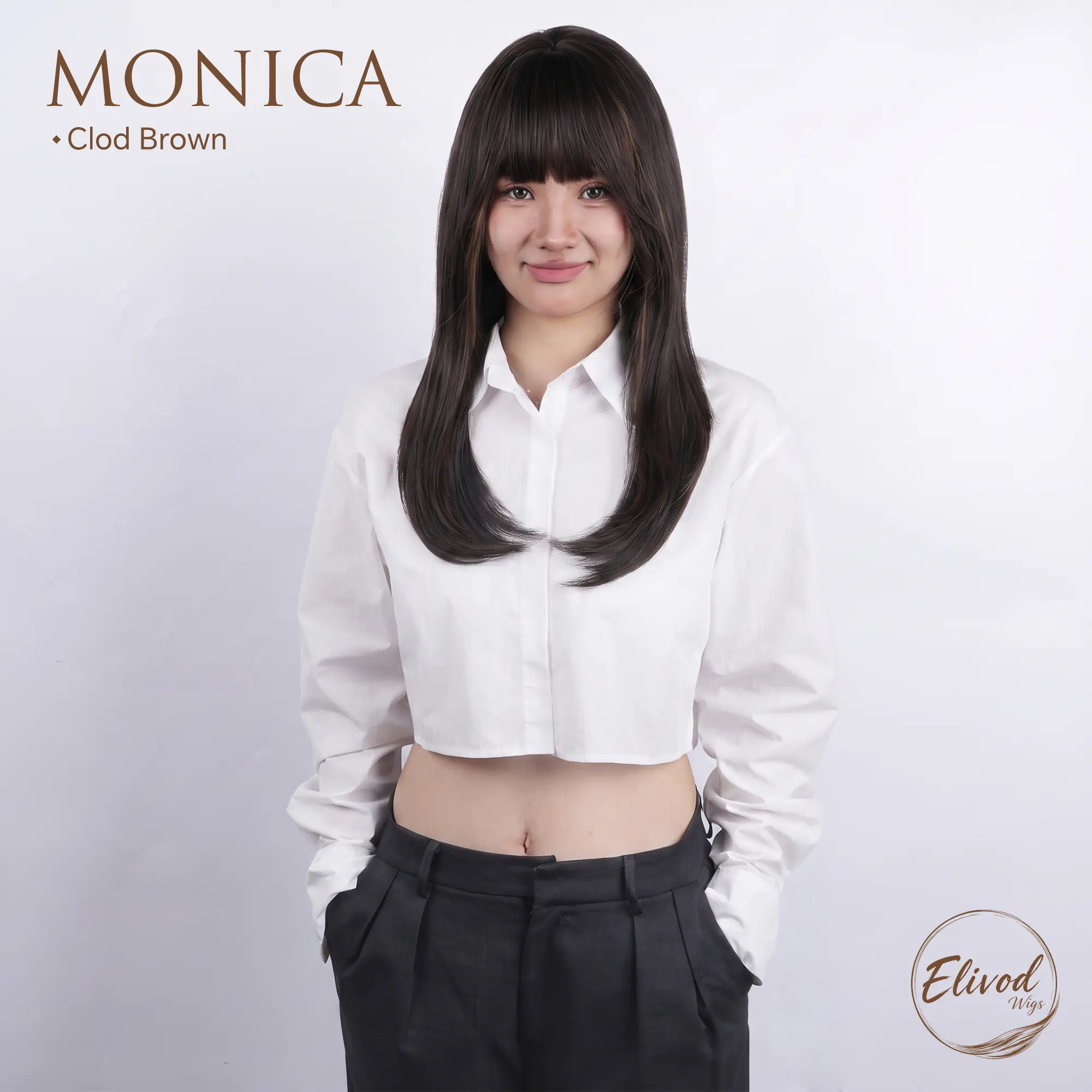 27 Elivod Wigs MONICA Clod Brown 24 Inches Straight Layer Cut Glueless Synthetic Wig With Bangs Synthetic Material Wigs Synthetic Smooth Wig black body Glueless Synthetic Hair Synthetic Layered Wigs wigshair