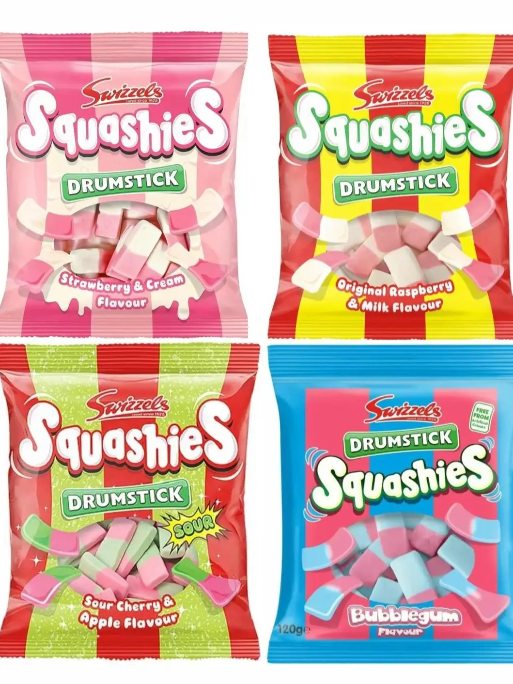 Swizzles Squashies Drumstick Candy 4 Pack Bundle - Strawberry Flavor Candies - 120g Each - Imported from the UK - Variety of Flavors & Generous Size