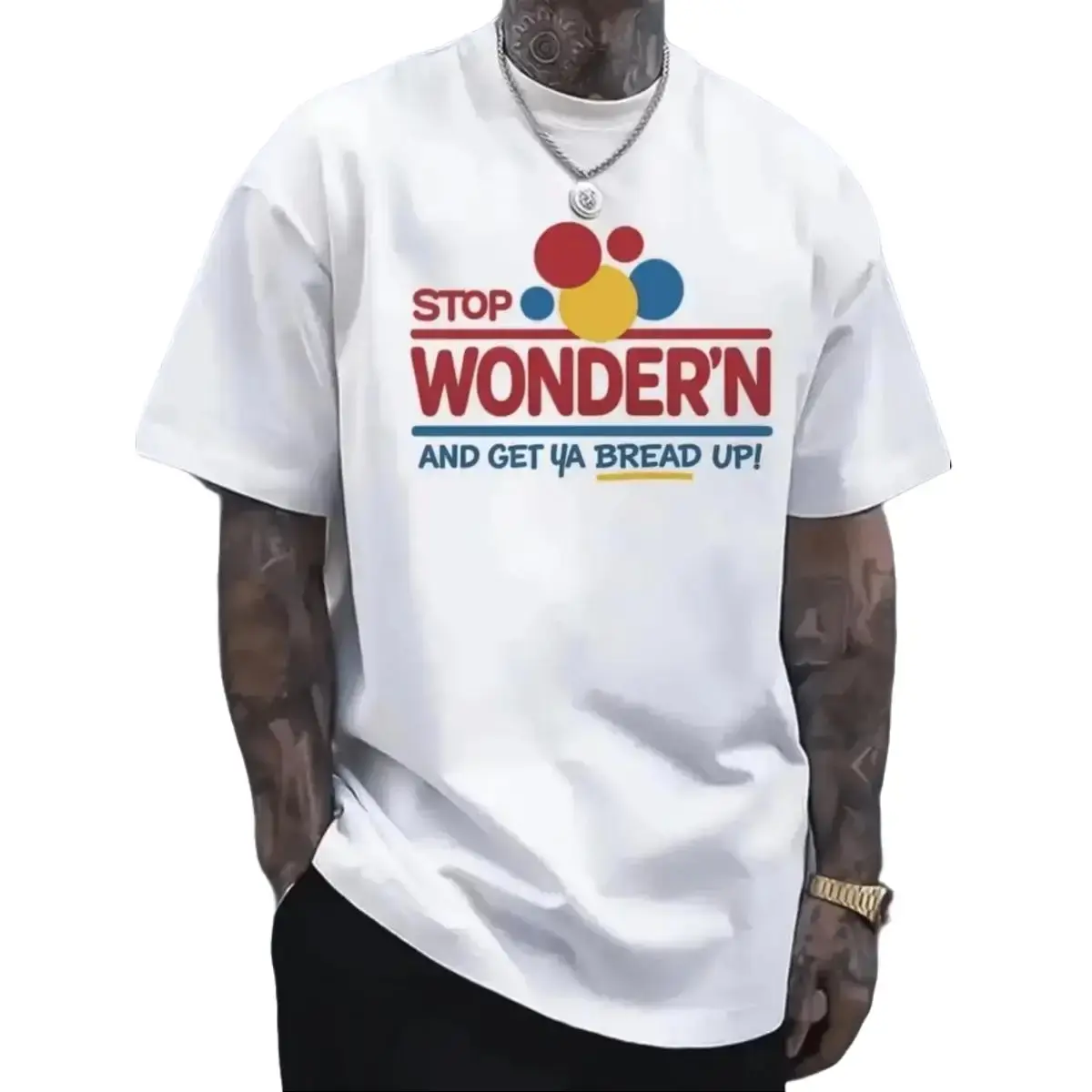 Humorous Mens Graphic TShirt Featuring Stop Wondering Get Your Bread Up Motif with Smiling Bread Slice Illustration halloween cotton tee shirt gym outfit