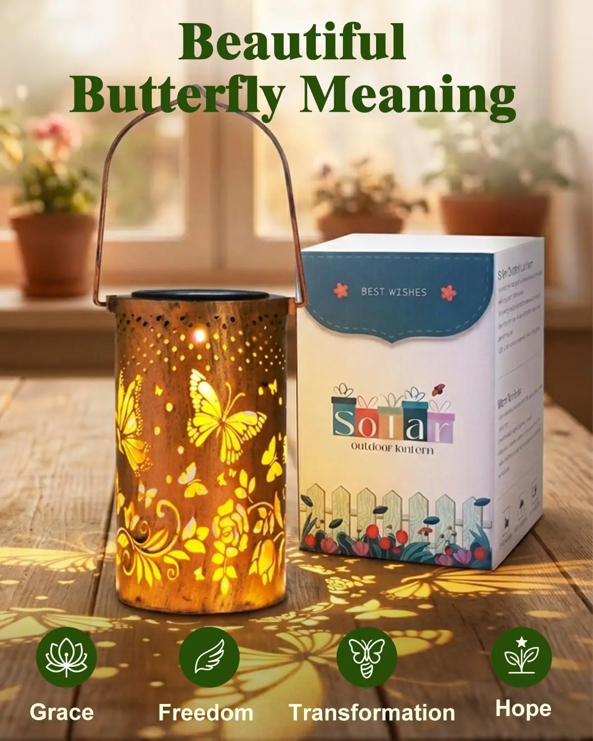DIBIEECN 2 Pack Solar Lanterns Outdoor Waterproof, Butterfly Gardening Birthday Gifts for Women Mom Grandma, Metal Hanging Decorative Solar Lights Outside Garden Decor for Yard, Patio, Backyard