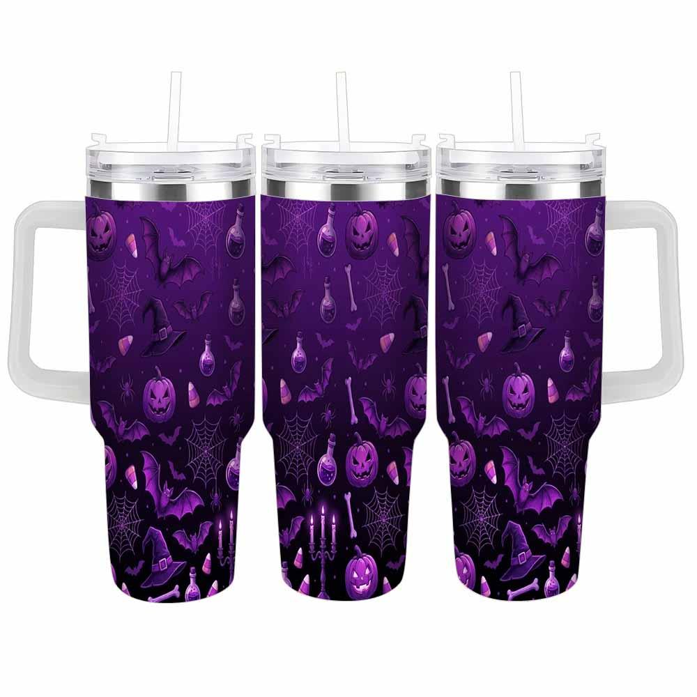Purple Halloween Double-Wall Insulated Stainless Steel Tumbler (30oz-40oz) with Bat, Pumpkin, Spider Web, Witch Hat Gothic Print, Leakproof Lid, Straw, Portable Vacuum Flask for Travel, Autumn Gift