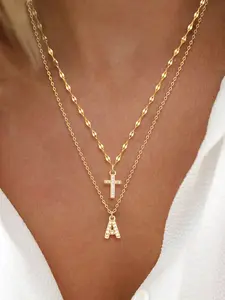 2 Piece Set Micro-Pavé Zircon Letter Cross Pendant Necklace, Elegant Stainless Steel Multi-Layer Chain, Women's Fashion Jewelry