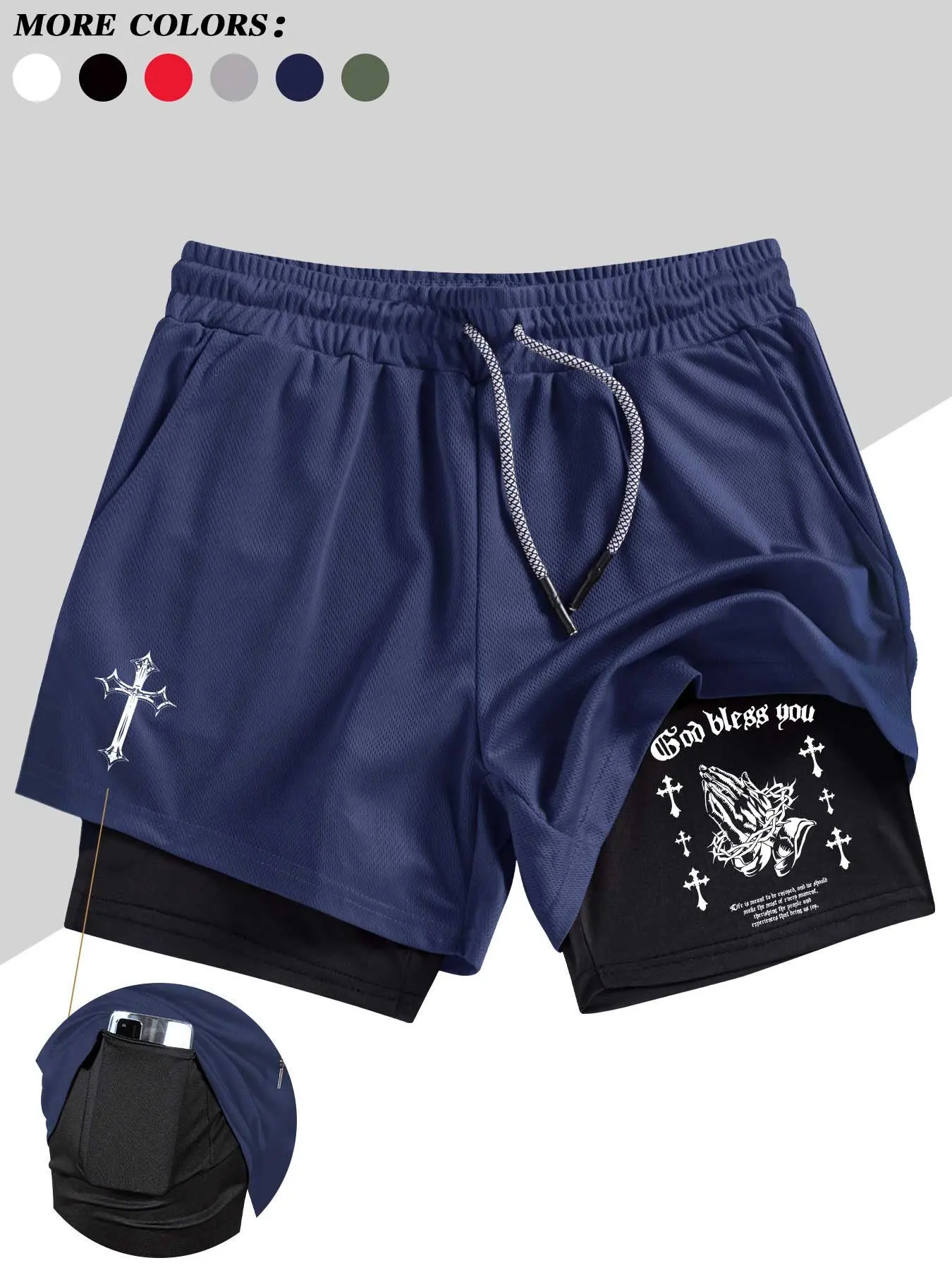 Men's Compression Gym Shorts - Quick-drying double-layer muscle Side Pocket Shorts with a wai (hands clasped) logo, elastic waistband and pockets | Suitable for boxing, basketball, MMA training | Machine washable workout wear Stretch Shorts