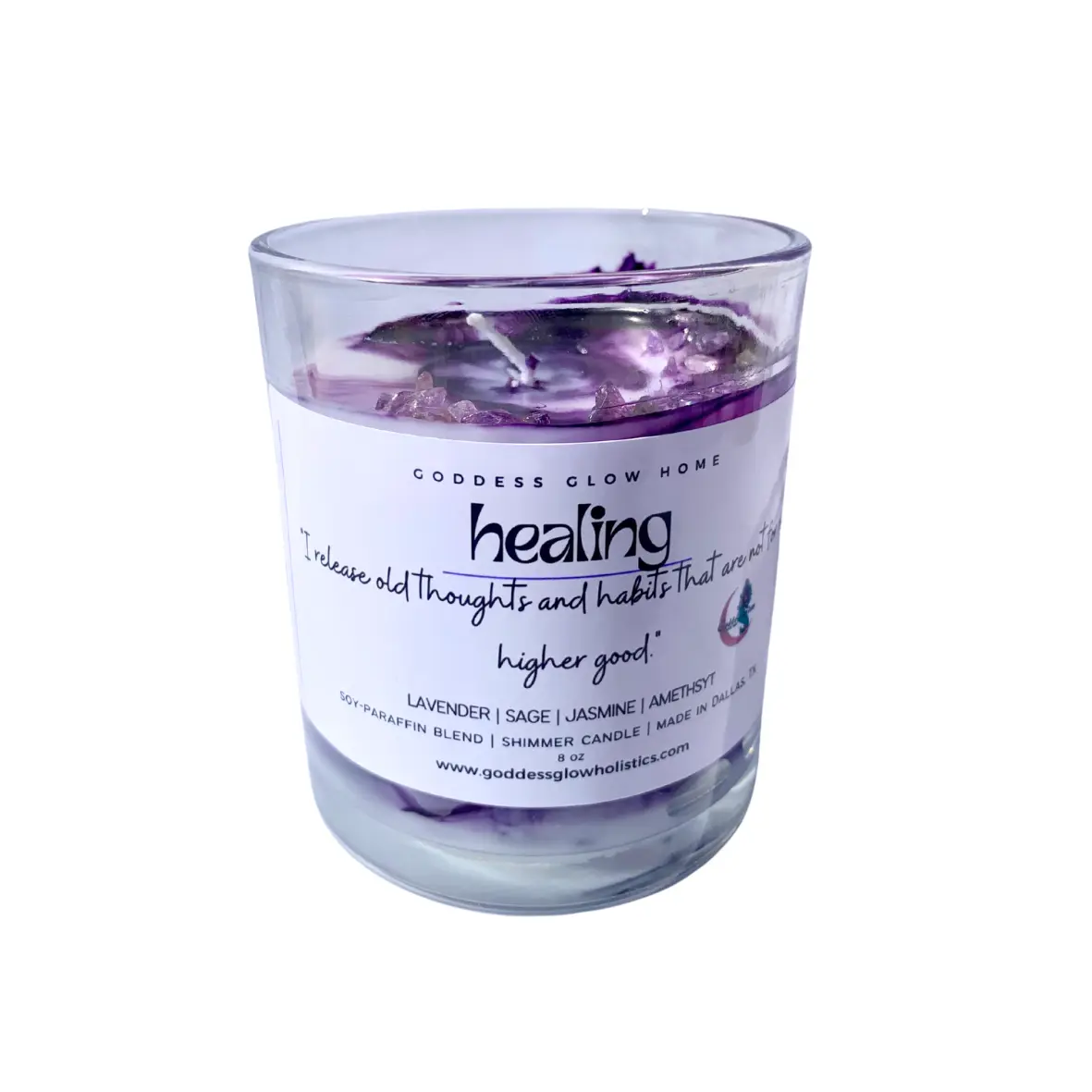 Healing Affirmation Candle - Lavender, Sage + Jasmine with Amethyst Crystals Bamboo Lid