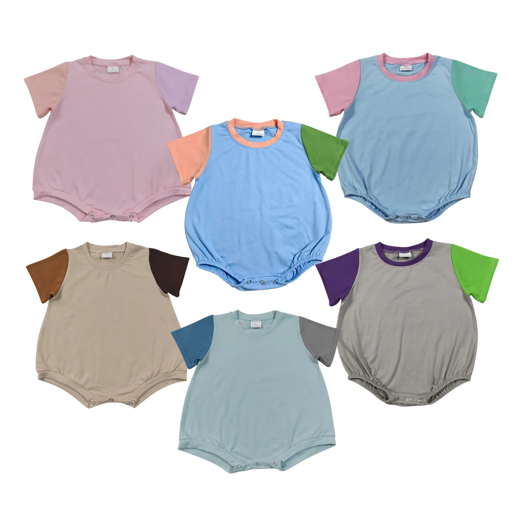 Baby Color Block Bubble Romper - Soft Short Sleeve Onesie with Snap Closure, Multiple Colors