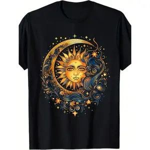1pc Men's Black Bohemian Celestial T-Shirt - Short Sleeve Round Neck Loose Fit Cotton Tee with Sun Moon Stars & Woman Face Zodiac Print (Golden/Blue/Golden) for Casual Summer & Year-Round Wear - Astrology Aesthetic Top, PLUS SIZE