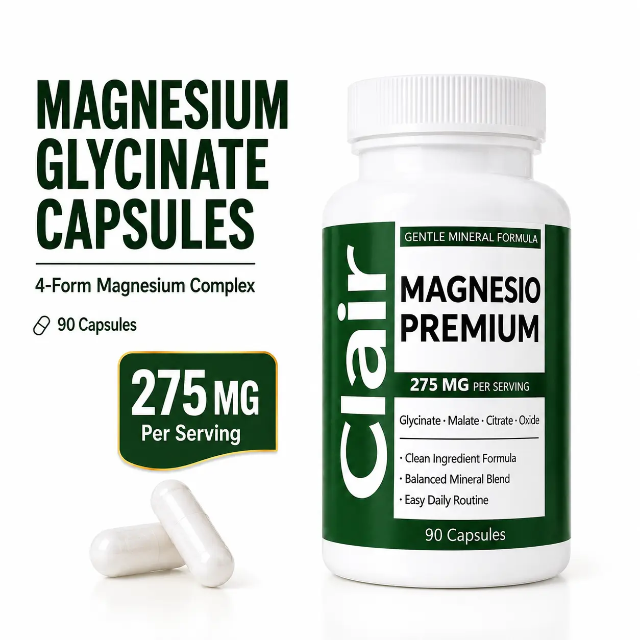 Magnesium Glycinate Capsules, Clair Magnesio Premium 4-Form Magnesium Complex with Malate, Citrate & Oxide, 275 mg Per Serving, 90 Capsules, 45 Servings, Daily Magnesium Supplement, Four Forms