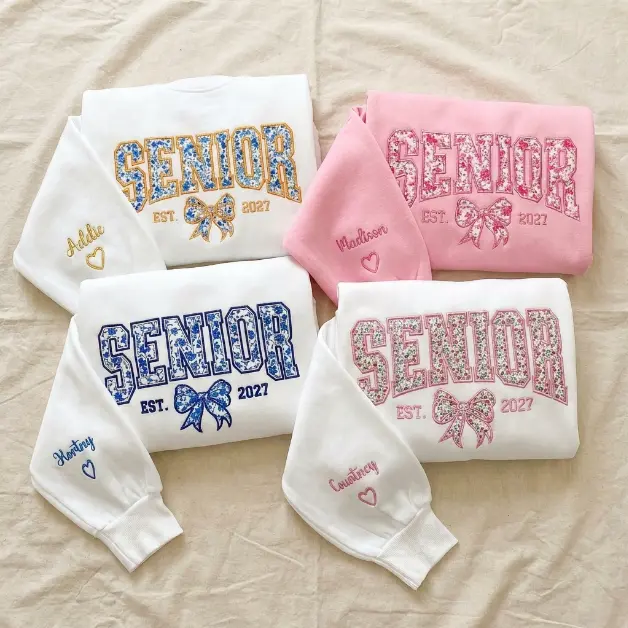 [Ship From US] FAUX EMBROIDERY PRINT Senior 2027 Shirt, Custom Name on Sleeve Senior Crewneck Sweatshirt, Class of 2027 (Leave a note)