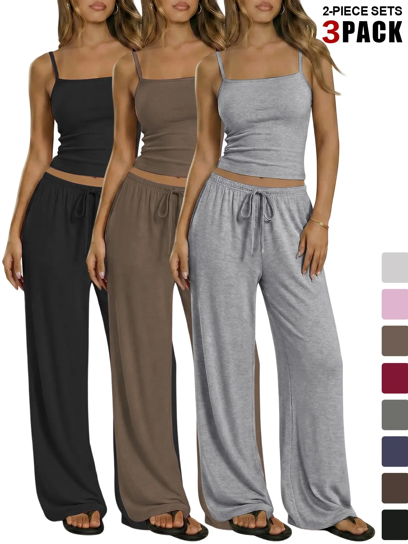 2026 Summer Women's Casual Solid Two-Piece Set, Sleeveless Camisole with Pockets, Long Drop Waist Wide Leg Pants, All-Season Sleepwear Loungewear, Pajama Set