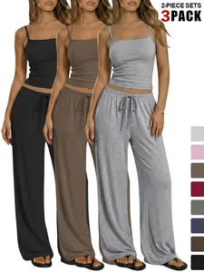 Women's 2 Piece Lounge Set, 3 Pack Bundle, Spaghetti Strap Cami Top, Wide Leg Pants with Pockets, Casual Sleeveless Sleepwear