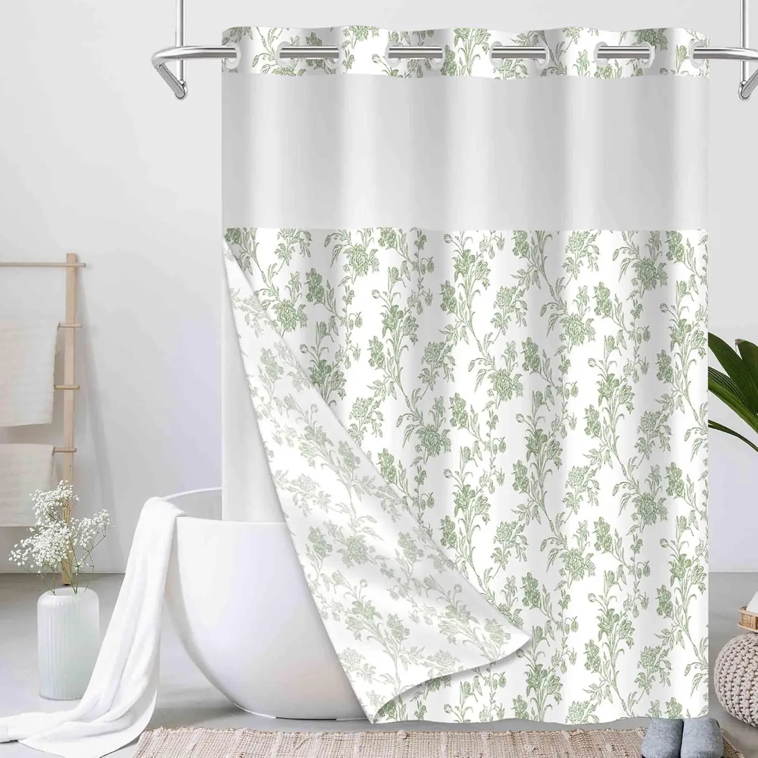 Floral Shower, No Hook Shower Set with Snap in Line, Cottagecore Shower for, Machine Washable 72" W x 72" L, Green