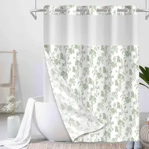 Floral Shower, No Hook Shower Set with Snap in Line, Cottagecore Shower for, Machine Washable 72" W x 72" L, Green