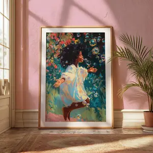 BUBBLE JOY Black Girl Art UNFRAMED, Elegant Art, Magical Art, African American Art, Beautiful Bubbles, Black Painting, High Quality, Home Decor