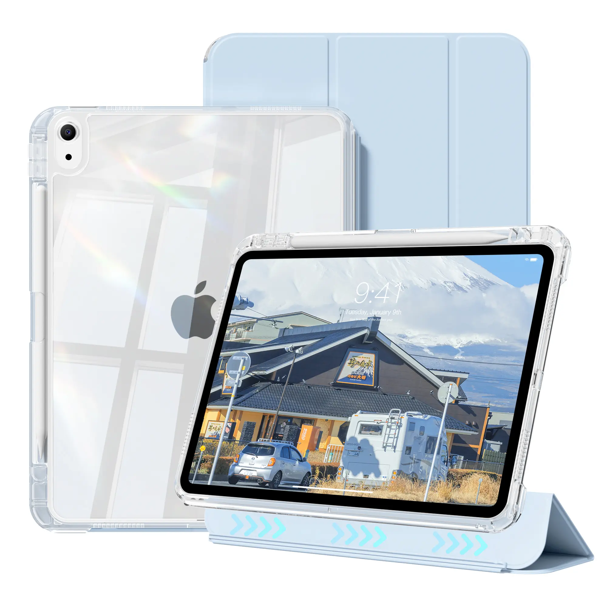 Case for iPad Air 11″(M4/M3/M2), Air 5th/4th Gen 10.9″,11th (A16) /10th Gen 2025/2022 (11″/10.9″),9th/8th/7th 10.2″ with Pencil Holder,Removable cover, transparent acrylic back panel, tri-fold stand, Pencil Holder,Auto Sleep/Wake
