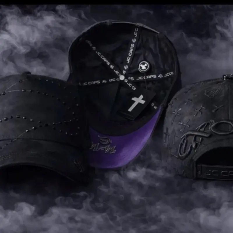 Black Rhinestone Cross Snapback Cap – Purple Brim