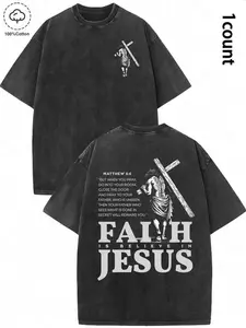 Men's Vintage Jesus & Slogan Print Short Sleeve Graphic Tee, Casual Comfy T-shirt for Daily Wear, Men's Top for Spring & Fall, Tropical, Cotton pure cotton 'jesus vintage t-shirt casual menswear style top